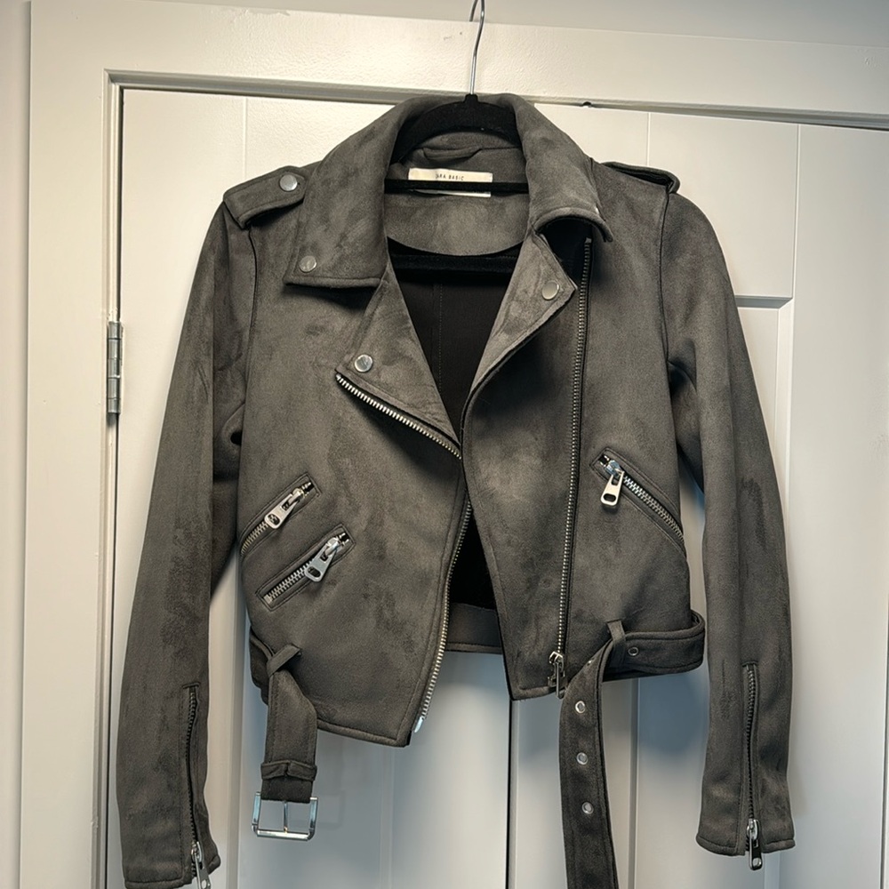 Zara Basic Outerwear Ladies Medium Grey Faux Suede Moto Biker Belted